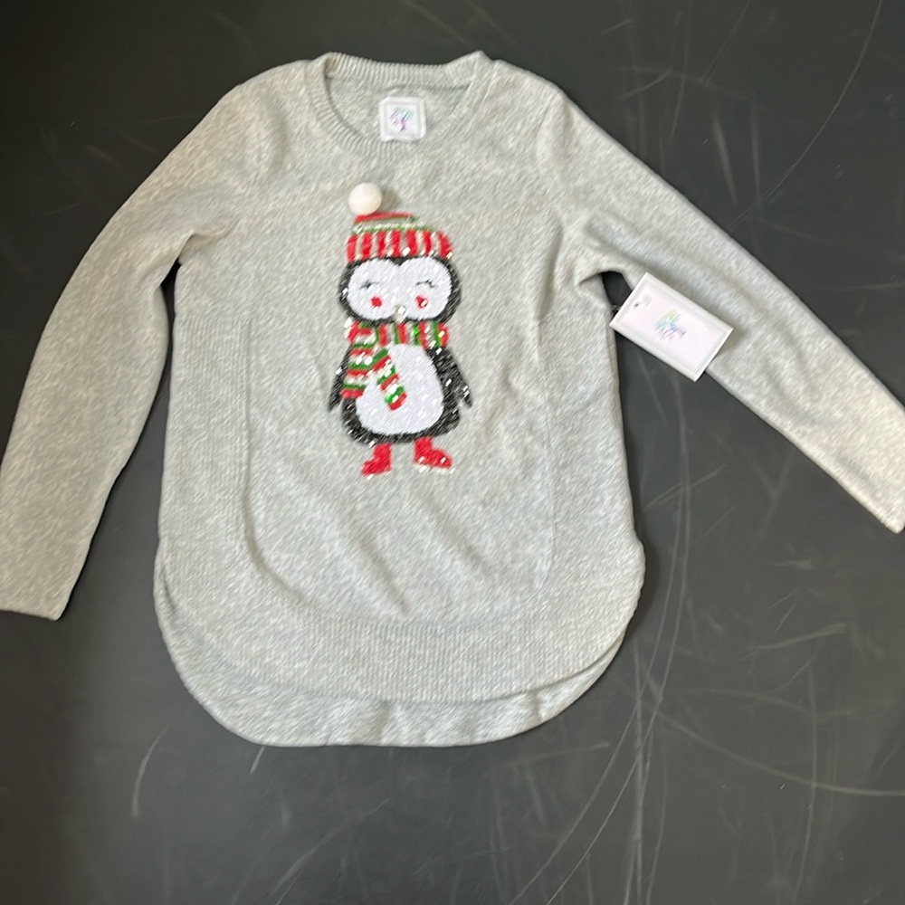 Color tree Grey sequin penguin sweater for girls. Size M(10/12). NWT